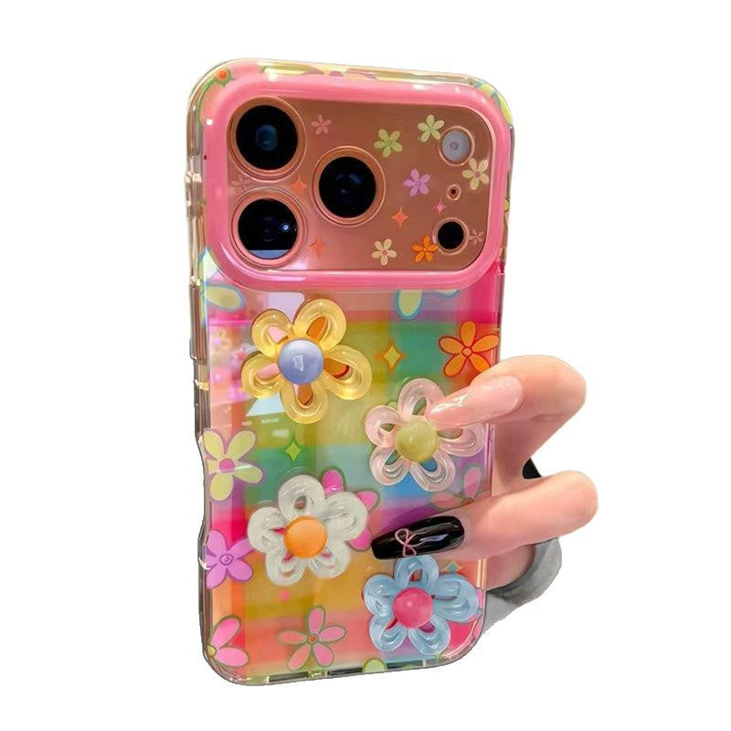 Sweet rainbow plaid 3d floral phone case for iphone 17 pro, apple 16 full coverage shockproof protective cover