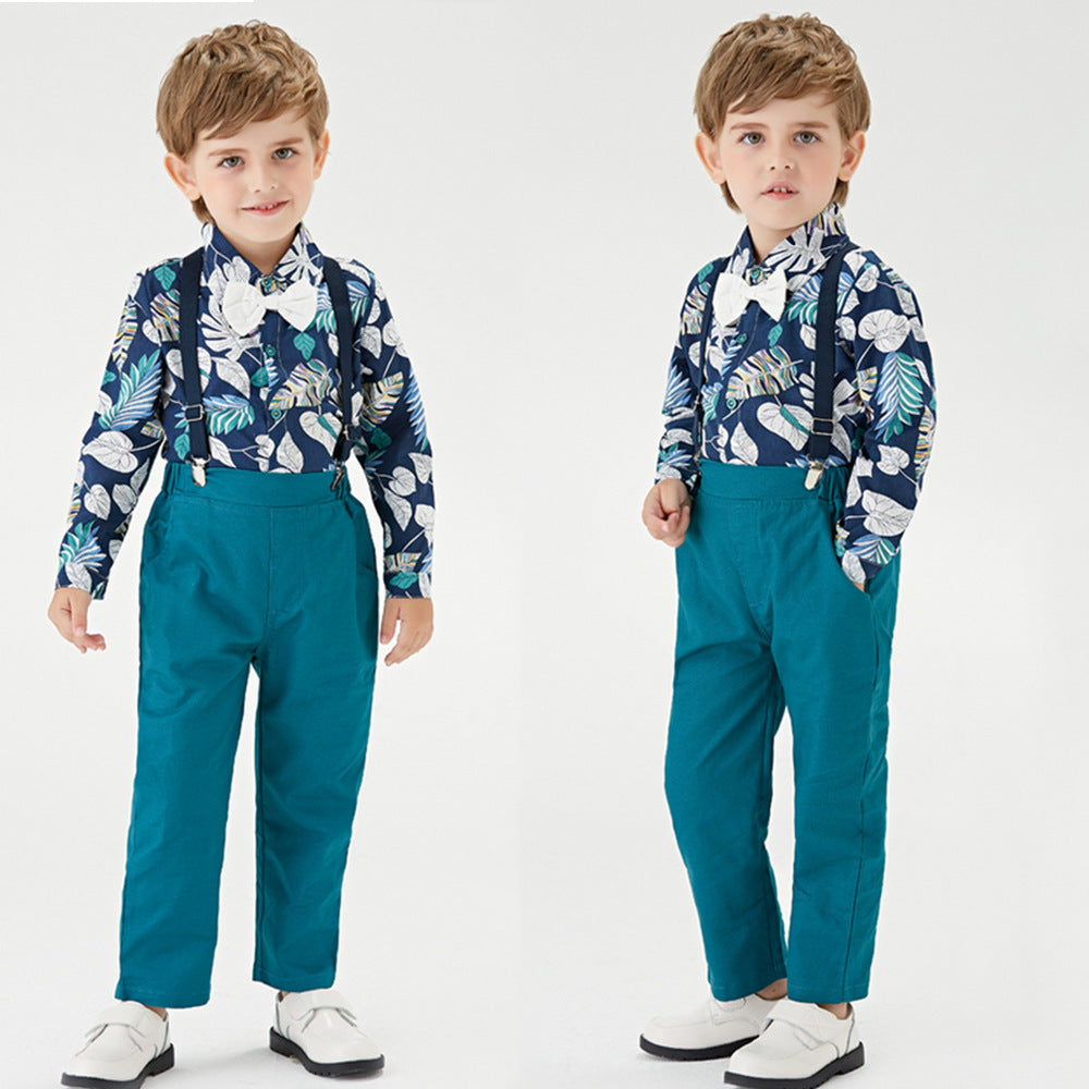 Wholesale foreign trade children's clothing: hong kong style boys' shirt floral top and dark trousers set - new spring collection for cross-border e-commerce