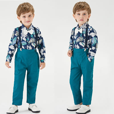 Wholesale foreign trade children's clothing: hong kong style boys' shirt floral top and dark trousers set - new spring collection for cross-border e-commerce