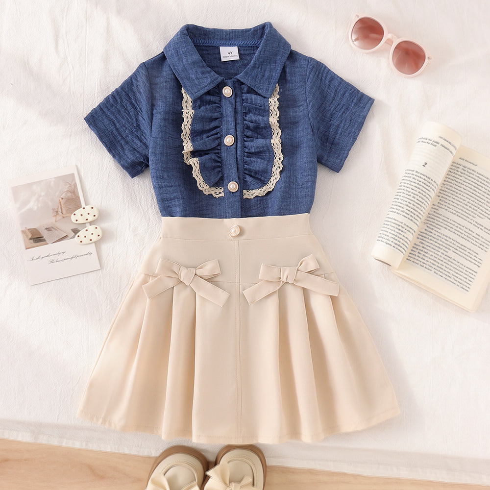 Girls' outfit set: new summer collection for cross-border e-commerce - preppy style lace-trimmed short-sleeve blouse with bow and pleated skirt