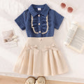 Girls' outfit set: new summer collection for cross-border e-commerce - preppy style lace-trimmed short-sleeve blouse with bow and pleated skirt