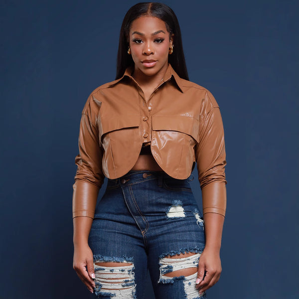 YZ1374 European and American fashion women's clothing   PU leather jacket long sleeve four-season lapel single-breasted pocket