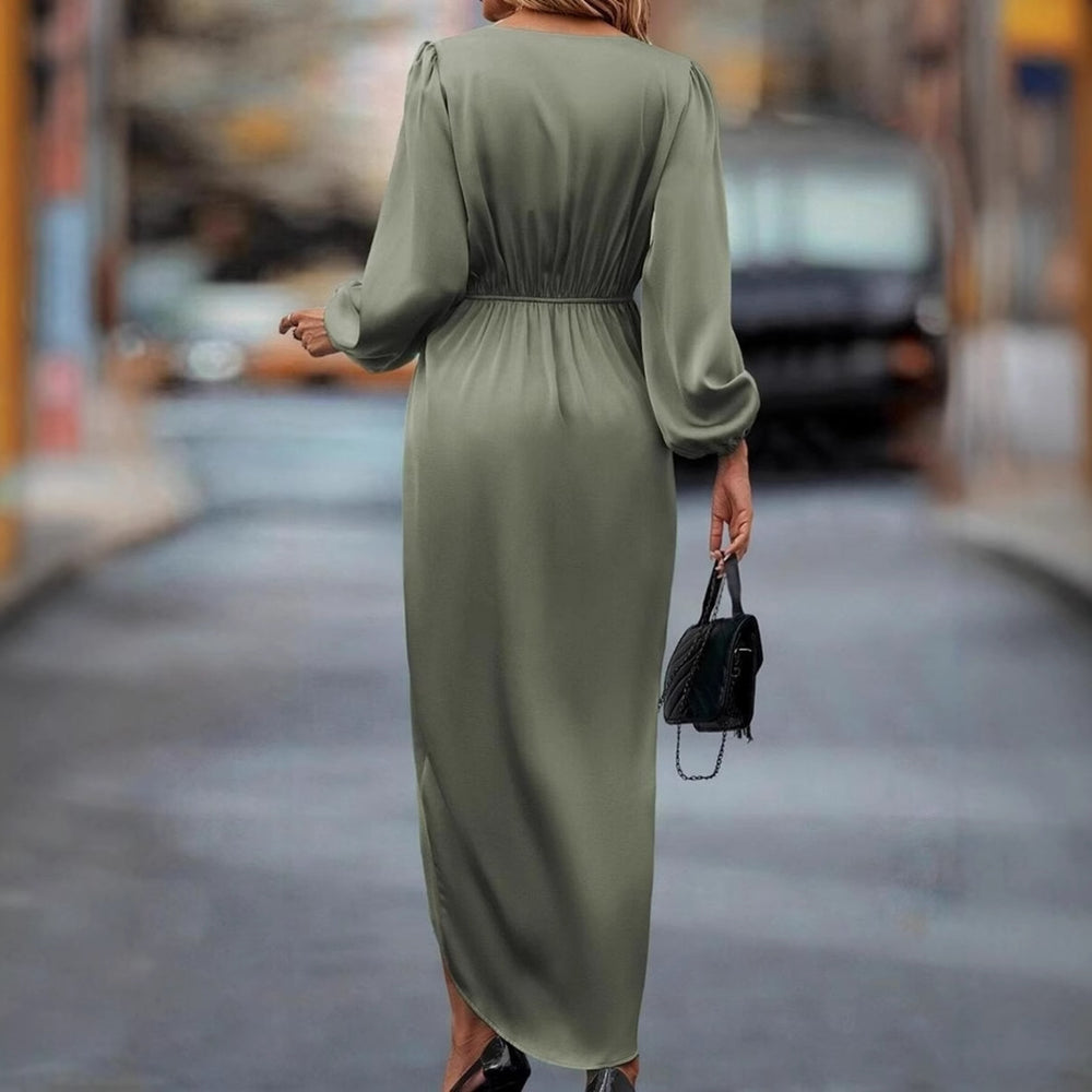 women's new slit dress - spring/summer lantern sleeve irregular long sleeve satin maxi dress