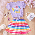 Kids' short-sleeve rainbow stripe top and strawberry mesh skirt set