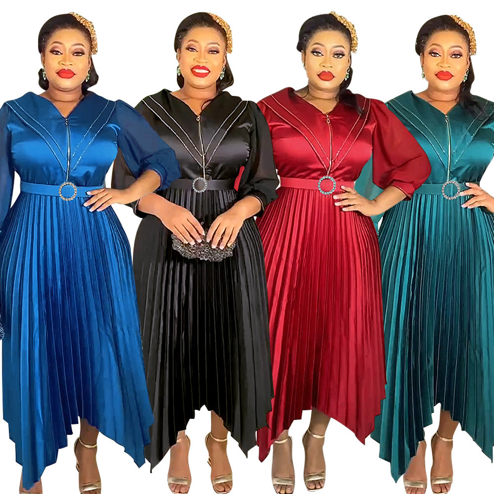 export fashion pleated skirt elegant commute  african women's plus size curvy dress with belt