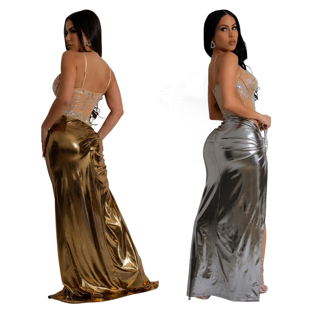 C6935 cross-border   independent station fashion fashion women's high slit hot diamond see-through dress