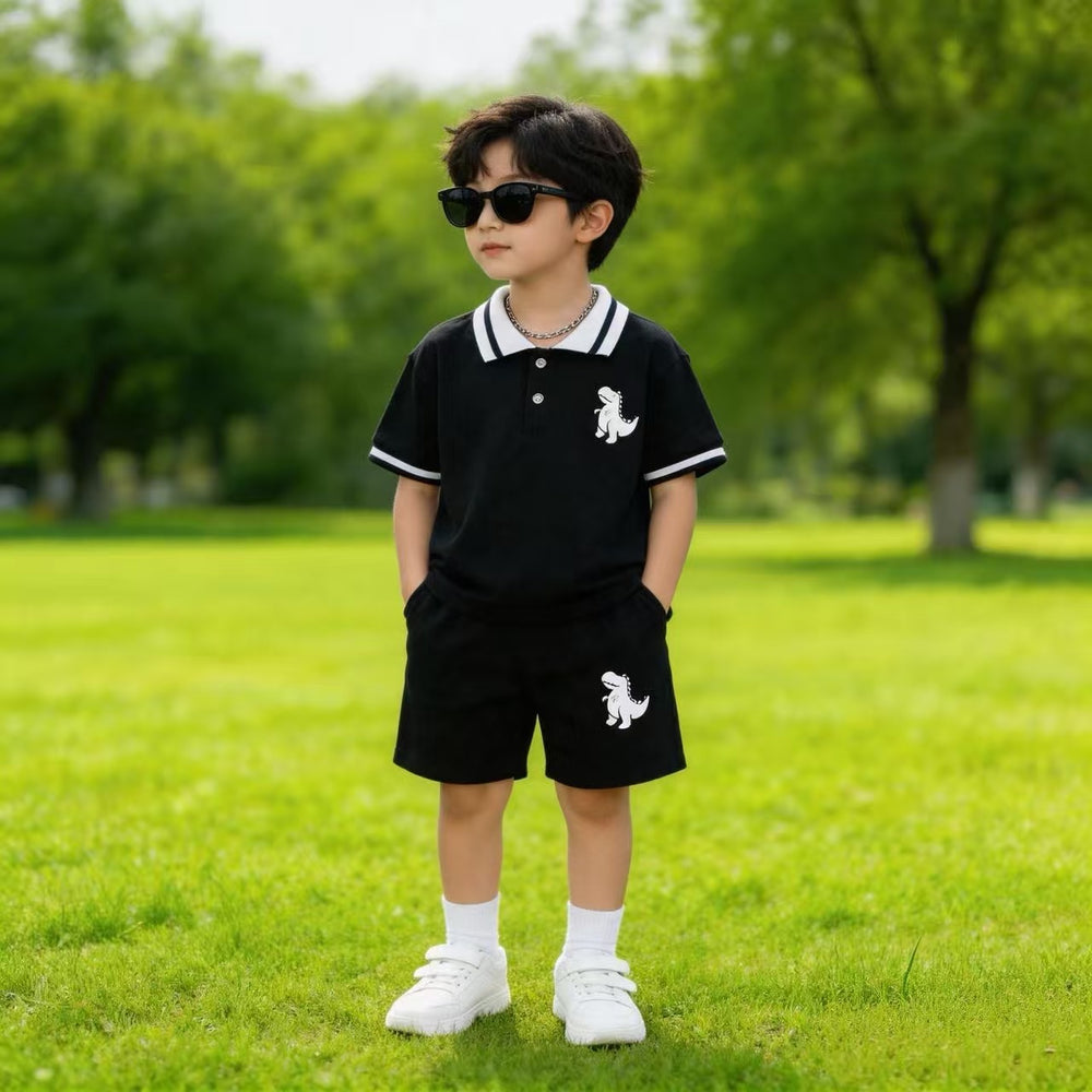 children's wear: boys' summer casual fashion dinosaur embroidered polo shirt + shorts two-piece set - wholesale
