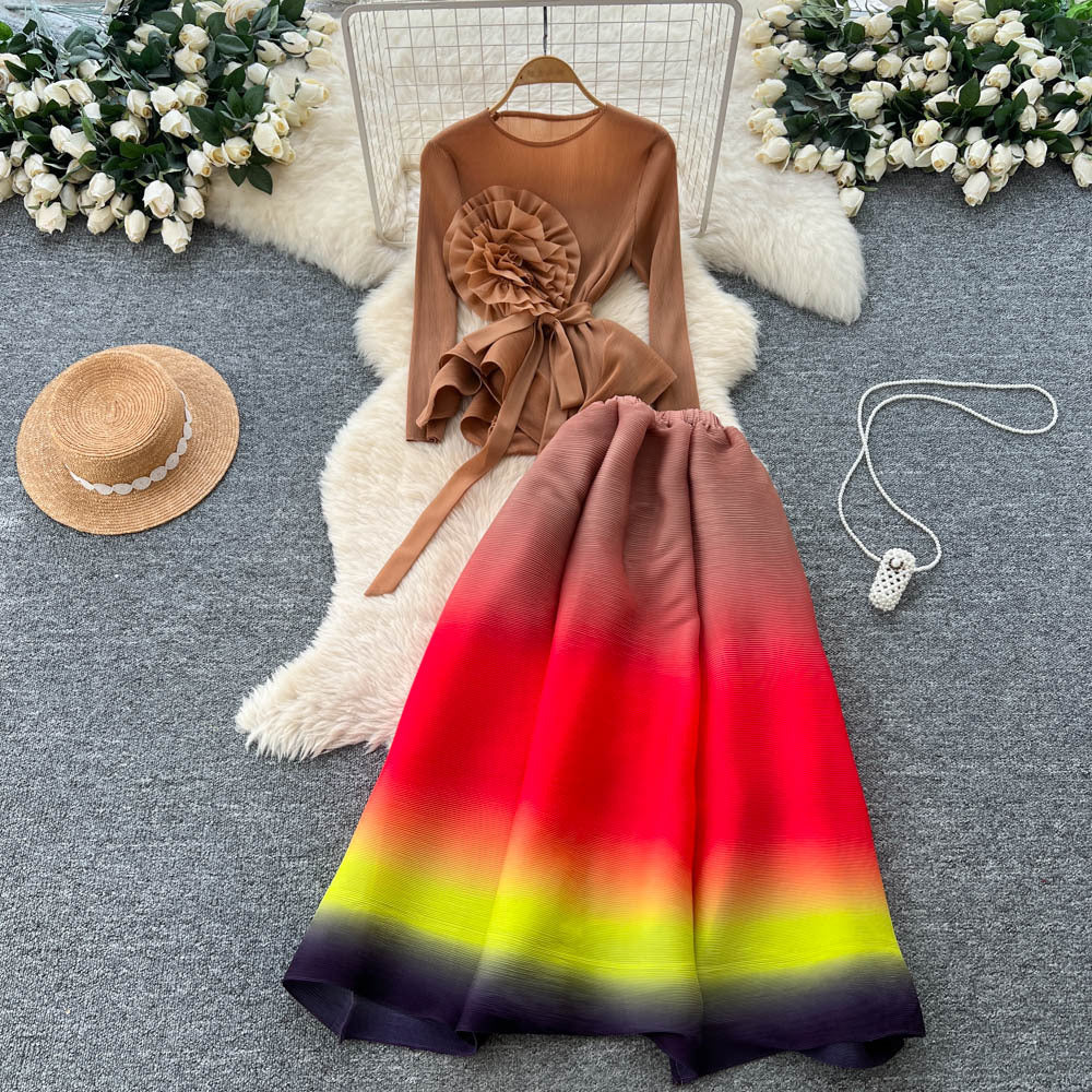 European and american style high-end long-sleeved top with 3d floral ribbon detail + gradient elastic waist midi skirt set for women - winter collection