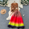 European and american style high-end long-sleeved top with 3d floral ribbon detail + gradient elastic waist midi skirt set for women - winter collection