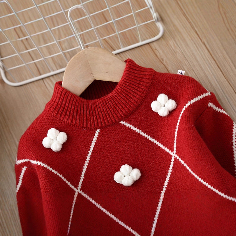 Winternew arrival new year's greetings kidssweatergirlknittingfleece-linedthickened small snowflake pullover bottom shirt