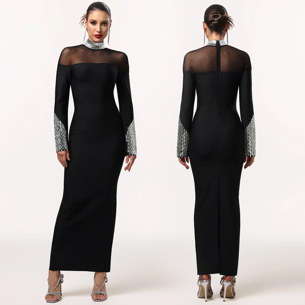 C7592 cross-border   fashion women's elegant high neck rhinestone exquisite high-end dress