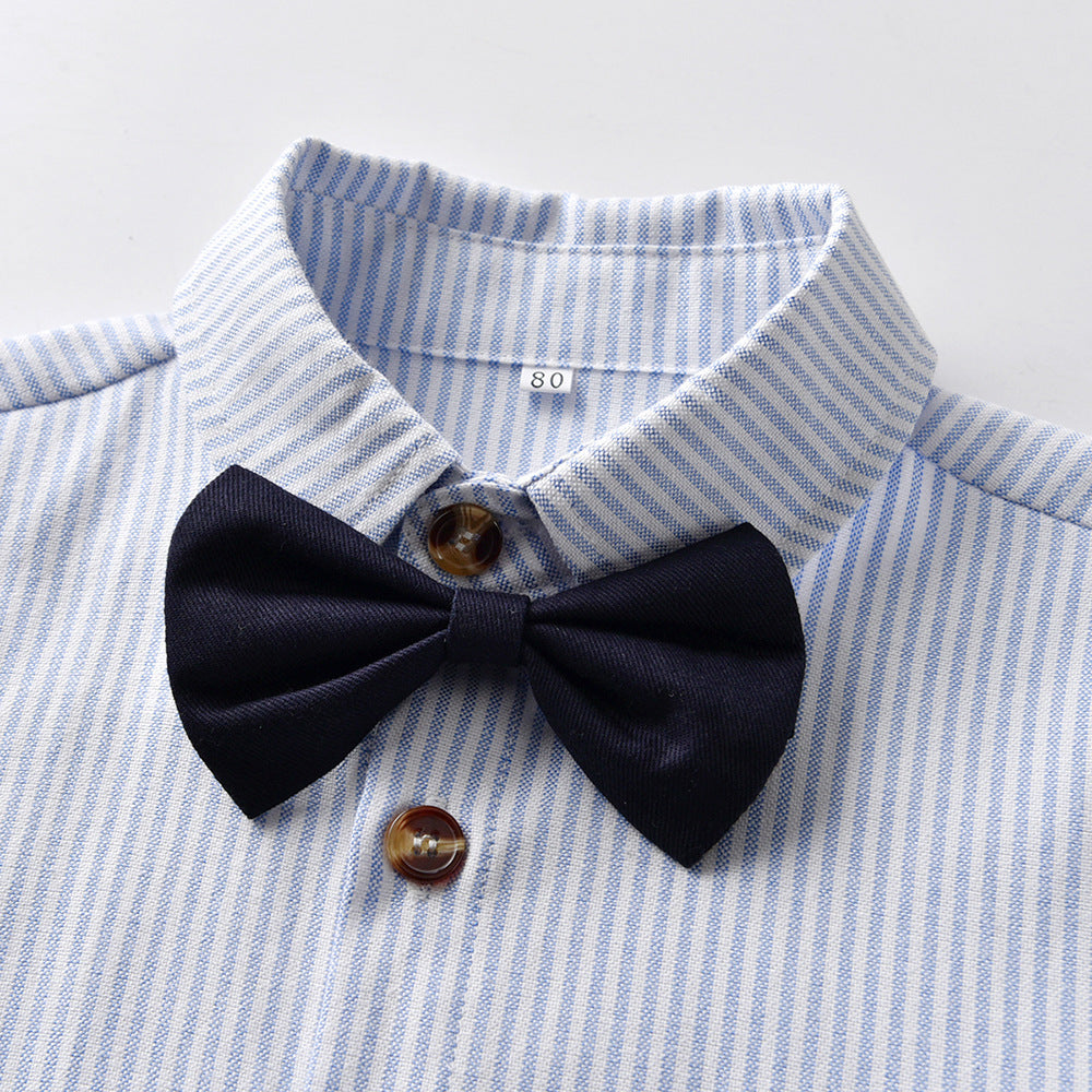Boys' gentleman style short-sleeve shirt with collar and tie - performance outfit, formal top, student striped shirt