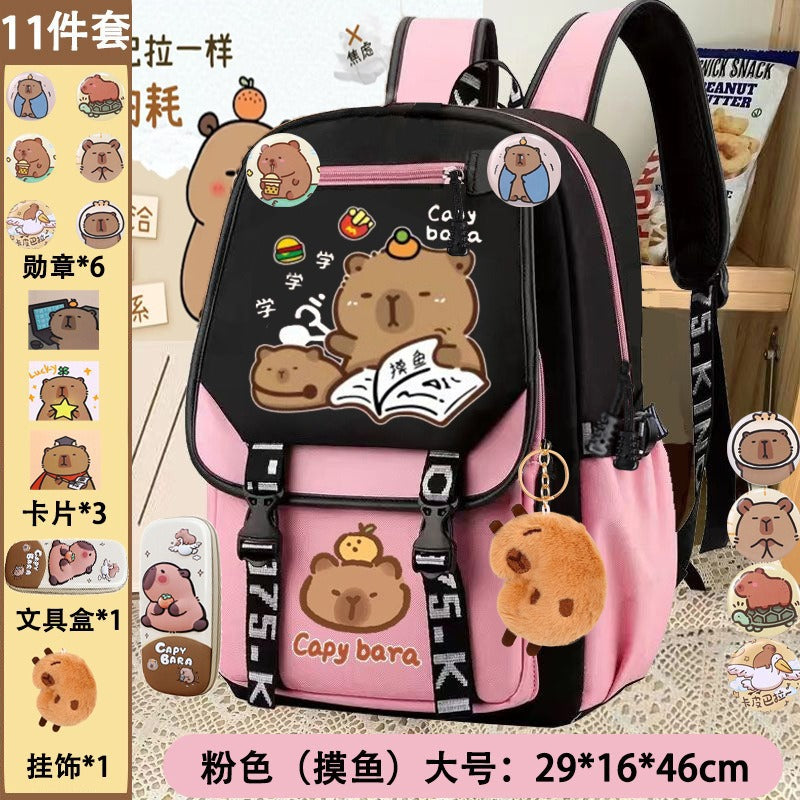 export cartoon capybara backpack - large capacity school bag for middle and elementary school girls - cute capybara backpack