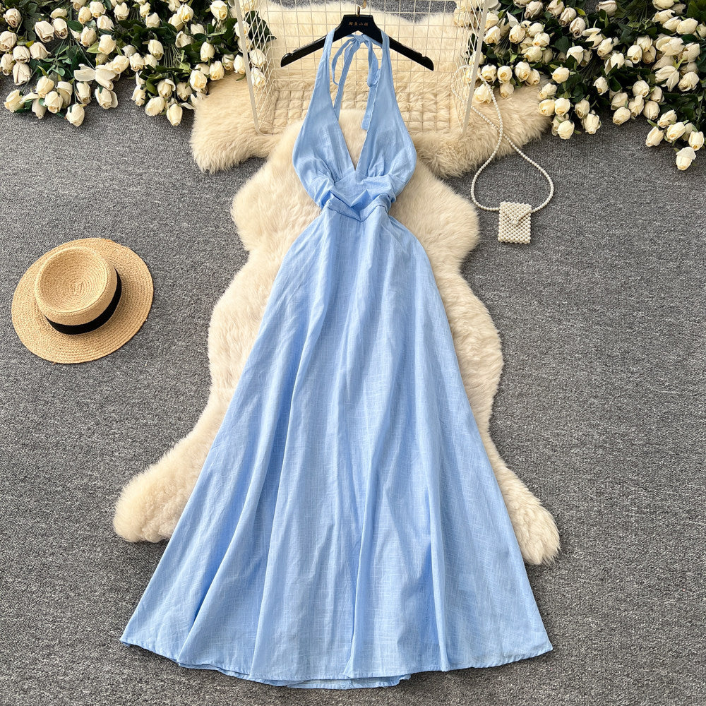 Vacation style halter pure desire dress women's spring and summer yellow a-line skirt high waist waist atmosphere fairy skirt
