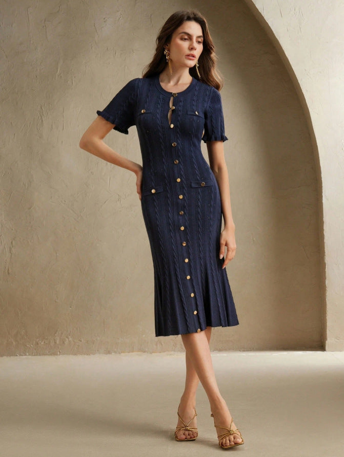 Frenchexport women's clothing new arrival autumn accessible luxuryknitting round neck cut out wood ear skirt cut out long long skirt dress