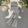 Fashionable grey suit set for women - summer design, single-breasted, slimming knit long sleeve top with striped embroidered wide-leg pants