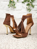 Women's bohemian brown suede square toe high heel sandals with tassel detail, stiletto heel, cutout back, and ankle zipper