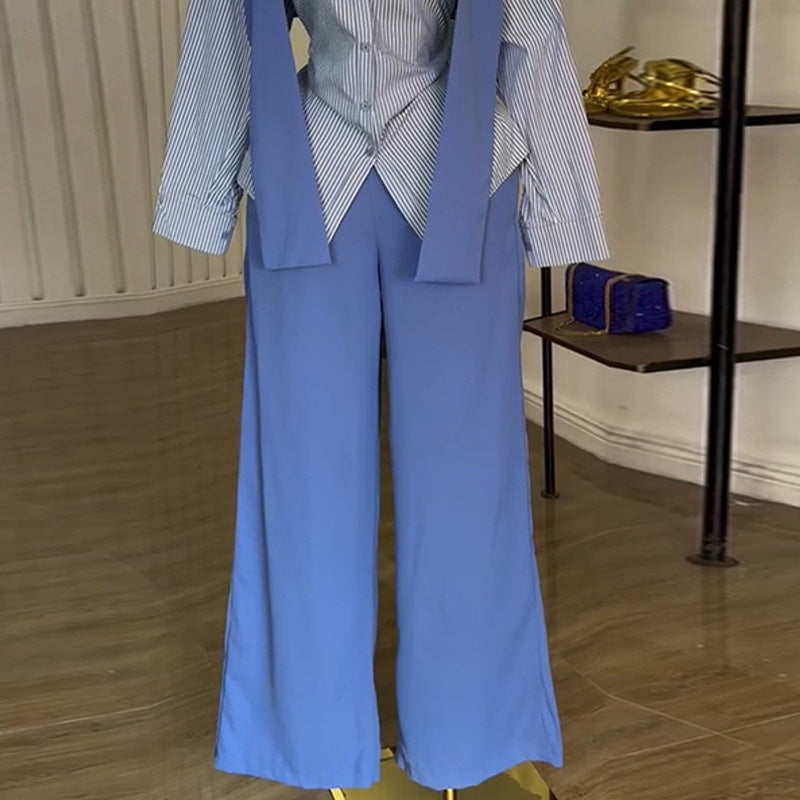 European and american cross-border women's fashion  autumn new design: striped long-sleeve shirt with turn-down collar and wide-leg pants set