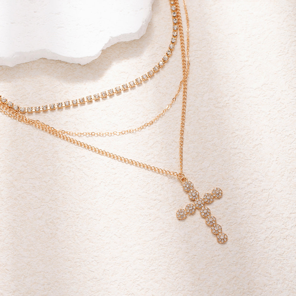 Full diamond cross necklace wholesale cross-border accessible luxury niche design pendant women's retro stacked high-end jewelry