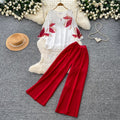 Commuting style casualprintingv necktopshigh waistloose pants women's summerslimming looktwo-piece setdrapedfashionsuit