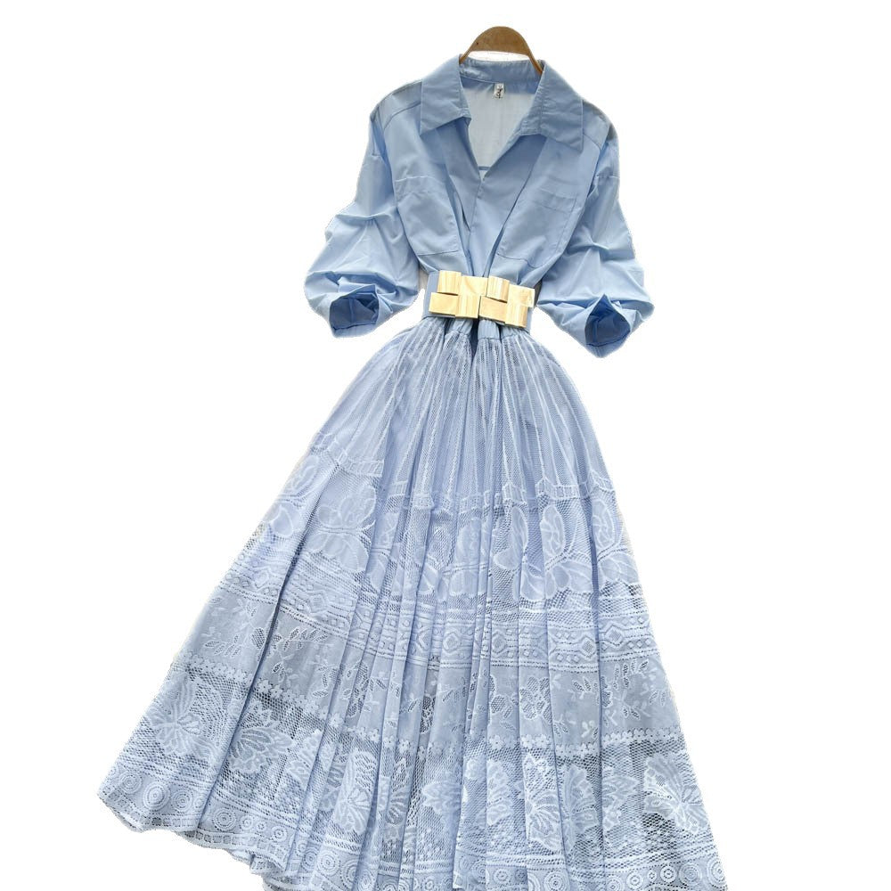 French chic lantern sleeve patchwork midi dress with embroidered mesh detail - summer luxury women's dress