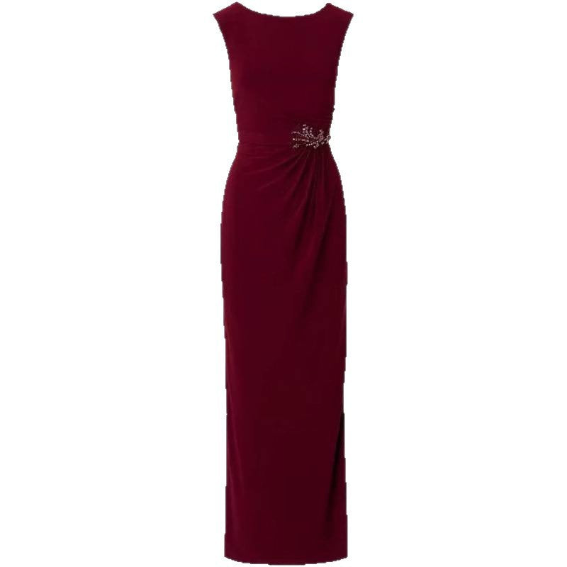 Amazon  summer fashion elegant wine red brocade embellished round neck dress for women