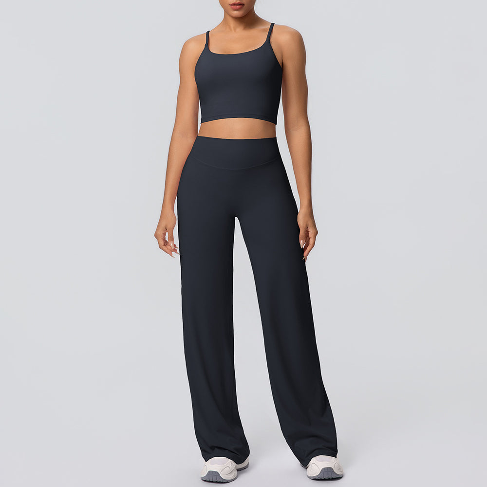 New arrival: cross-border brushed solid color racerback tight-fit breathable wide-leg yoga set - two-piece activewear for running and fitness