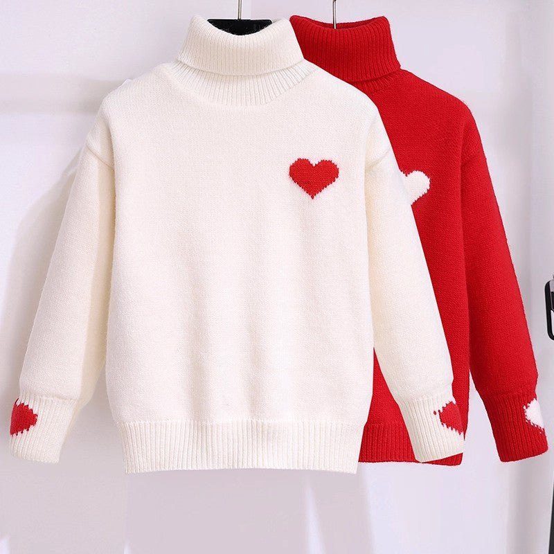 Girlsweater high collar fleece-lined winter kids heart woolentopsgirlwinterthickened bottomknitting shirt