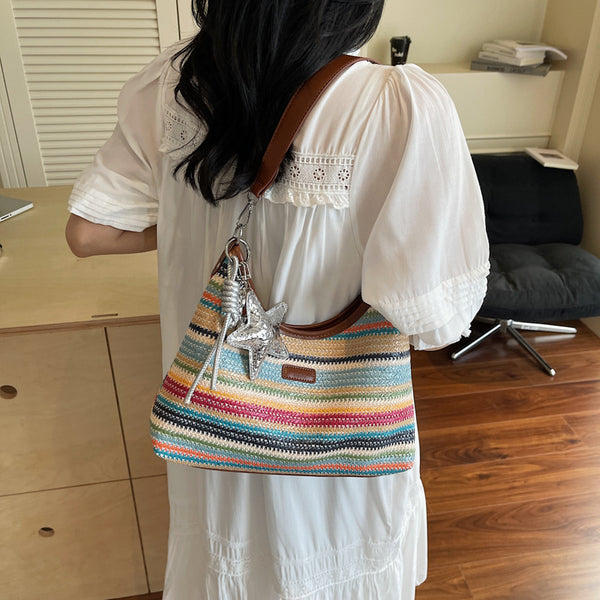 Rainbow strip straw bag women's 2025 summer new seaside vacation beach woven shoulder bag commuter tote bag