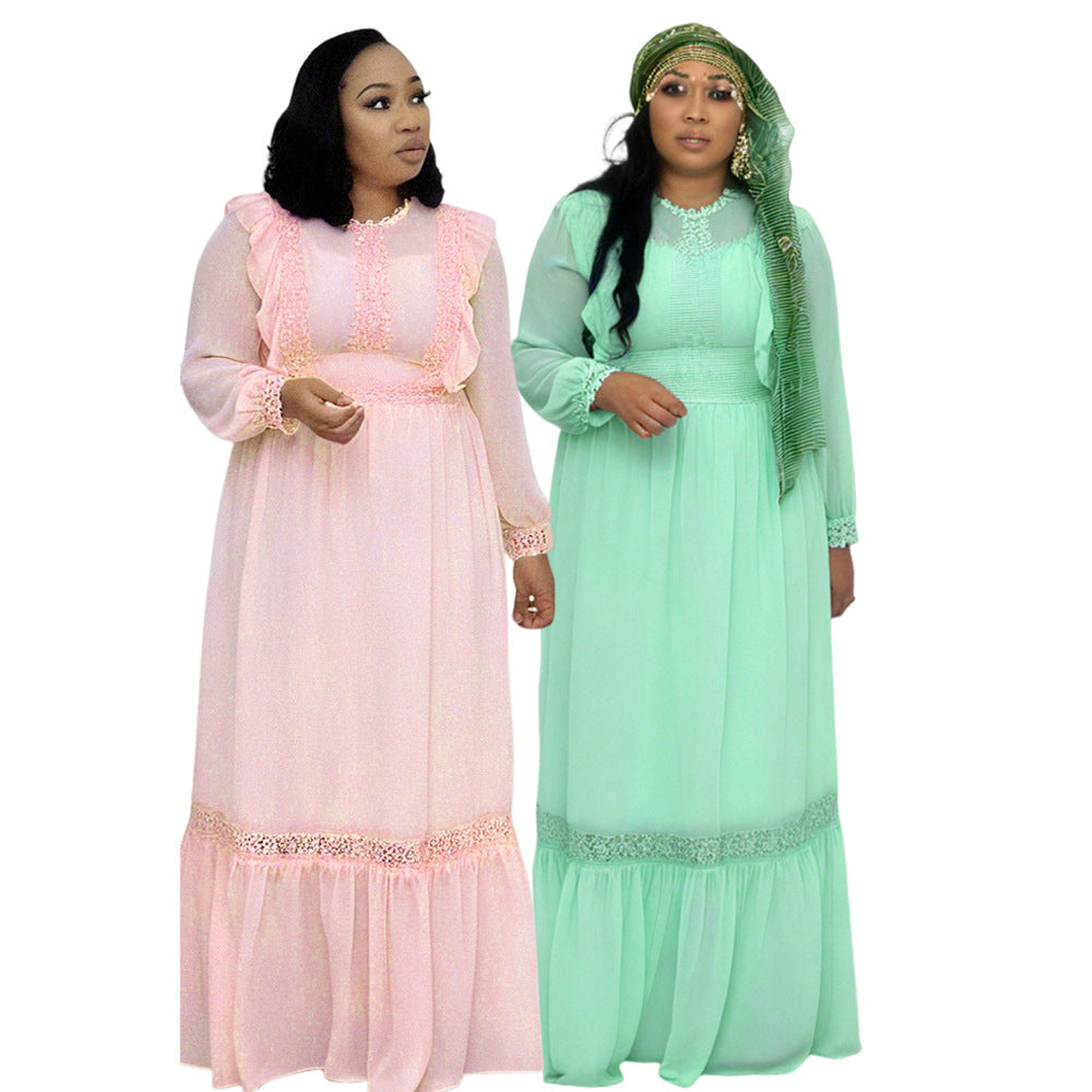 supply of african plus size women's long skirt  patchwork chiffon dress headscarf * three-piece set