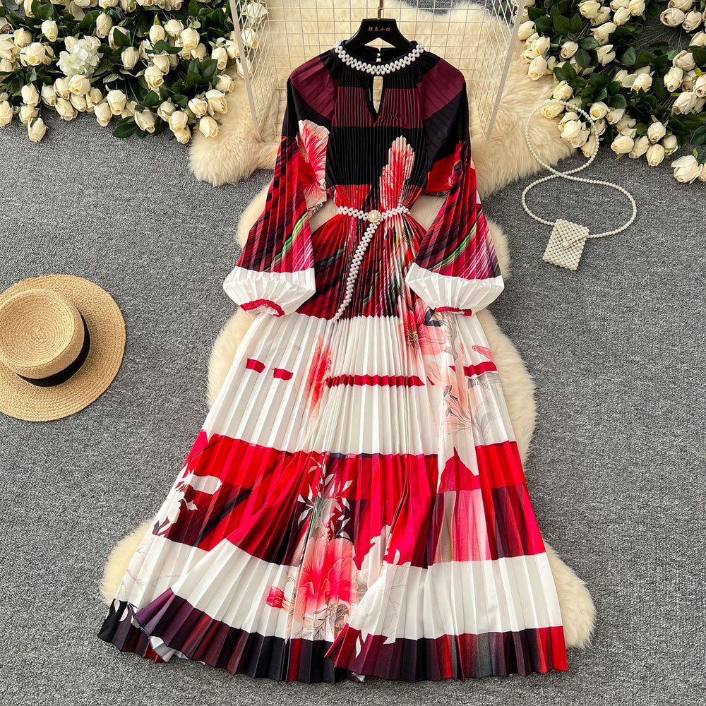 European and american style high-end round neck beaded lantern sleeve pearl belt waist-defining elegant long printed pleated dress