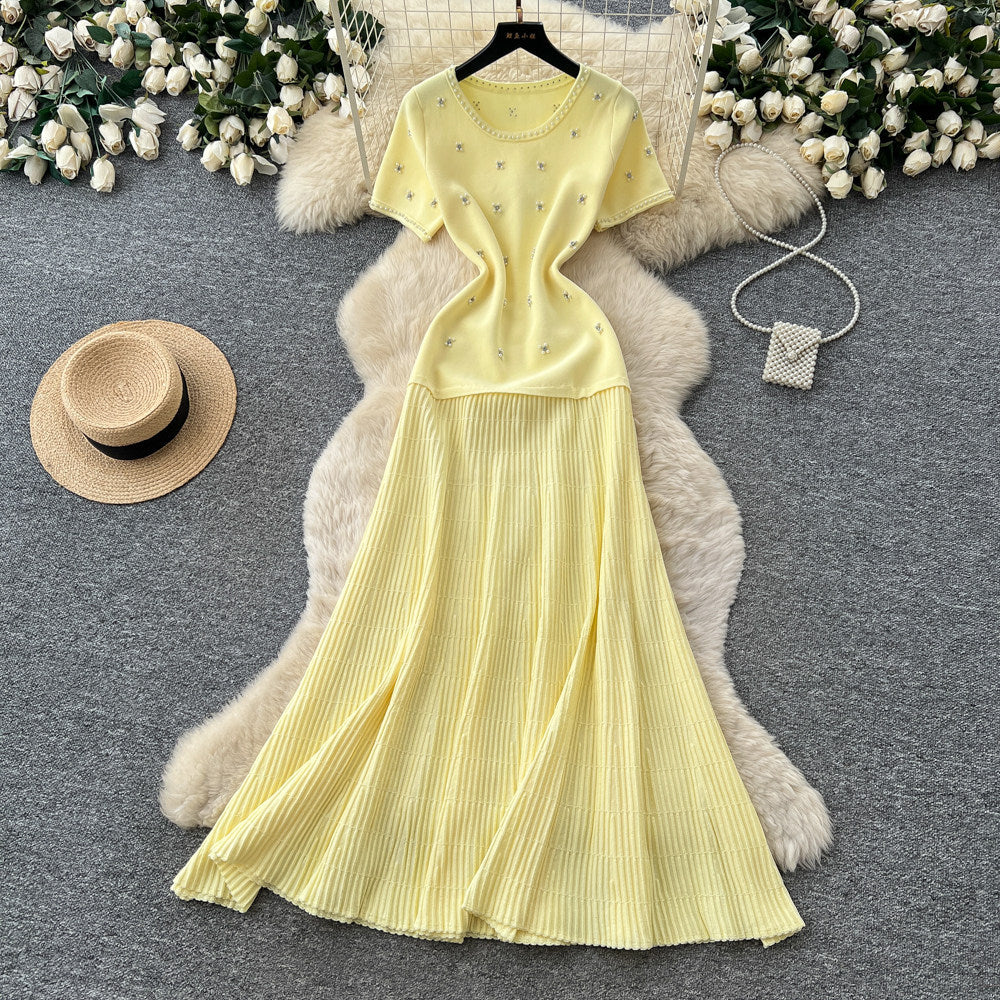 French style beaded short-sleeve dress - women's summer gentle high-waisted a-line dress - slimming and figure-flattering for work and casual wear