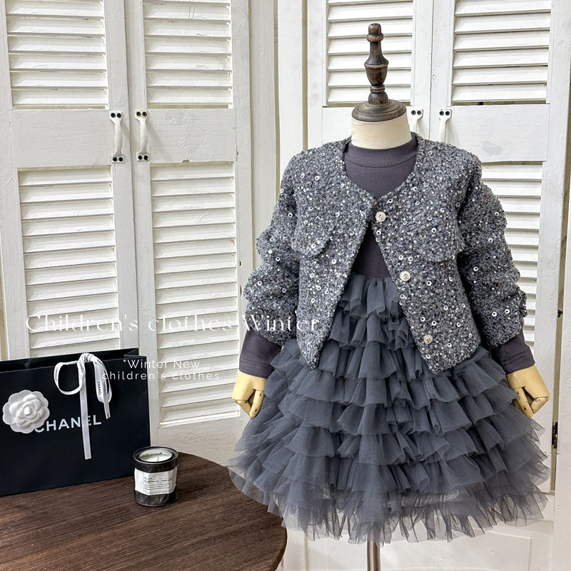 Girls' outfit set -  winter collection: stylish sequin two-piece set with quilted jacket and fleece-lined dress