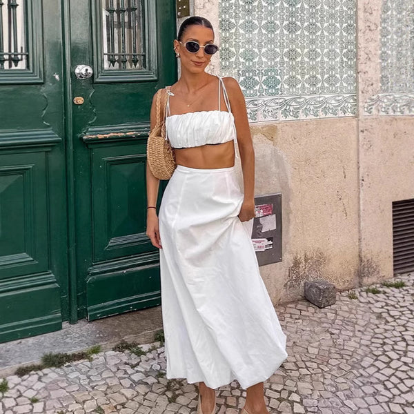 French sexy white tube top suspender vest long skirt two-piece women's clothing 2025 summer  cotton and linen skirt set