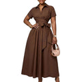 C8662  european and american women's clothing  summer new arrival: collared short-sleeve tie-waist solid color export dress