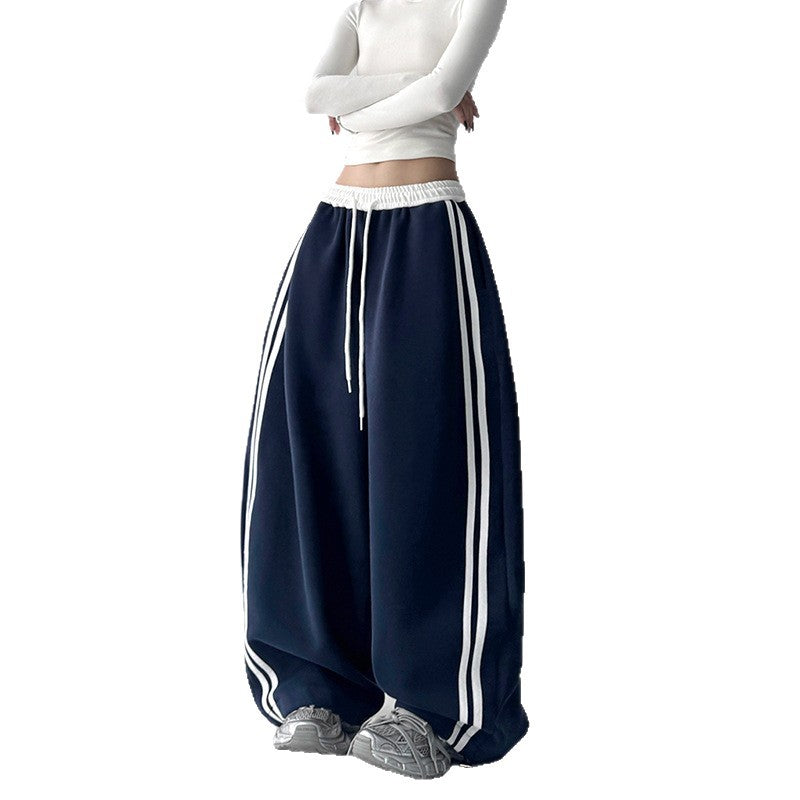 High-waisted, slimming, striped, color-block wide-leg pants, new for autumn . women's loose-fitting, straight-leg, floor-length trousers, korean and japanese casual style