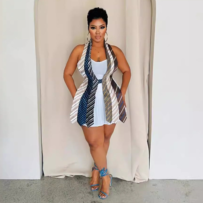 new european and american style sexy design backless tie-up v-neck striped tie patchwork unique vest women's clothing