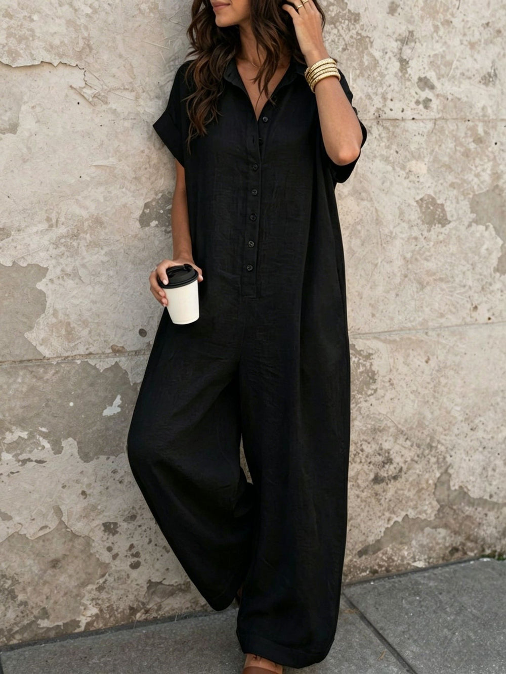 Independent station fashion cross-border  summercasualelegantwork clothingpure colorshirt button loose short-sleeved jumpsuit