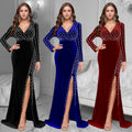 C7269 cross-border   european and american women's clothing sexy deep v beaded hot diamond slit long skirt dress women
