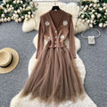 Elegant two-piece set for women: autumn collection - high-end, heavily beaded, v-neck, sleeveless knit top with mesh panel dress