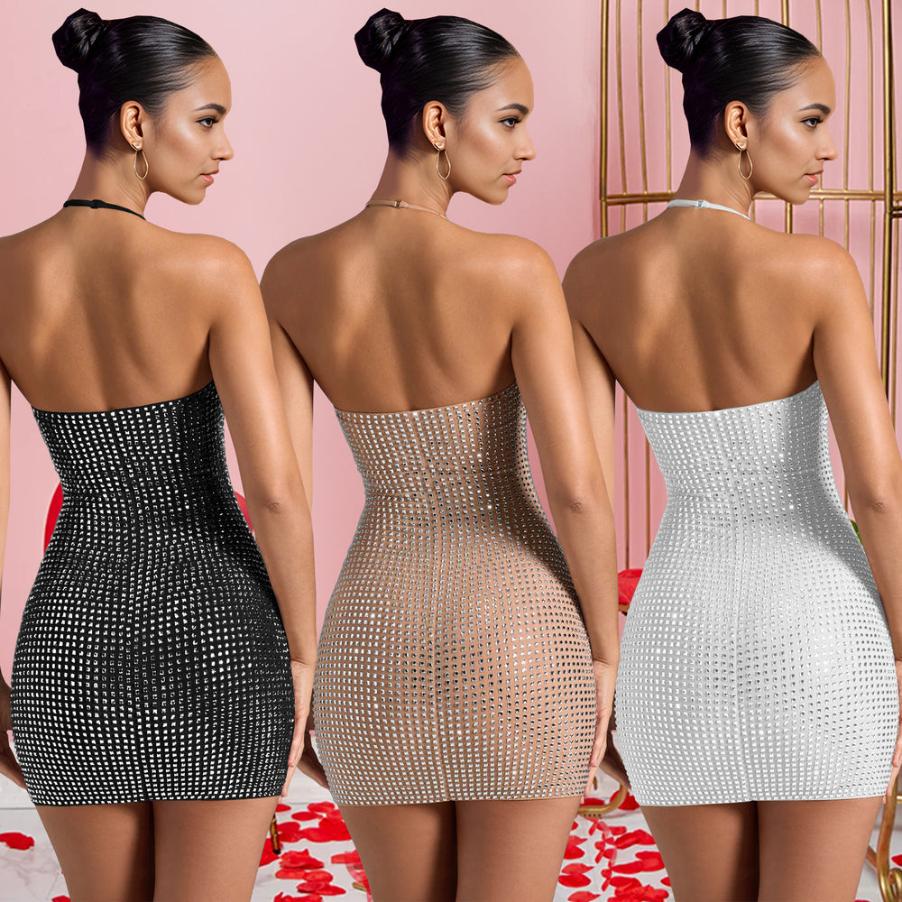 C7179 cross-border   fashion women's sexy halter neck rhinestone bodycon mini dress