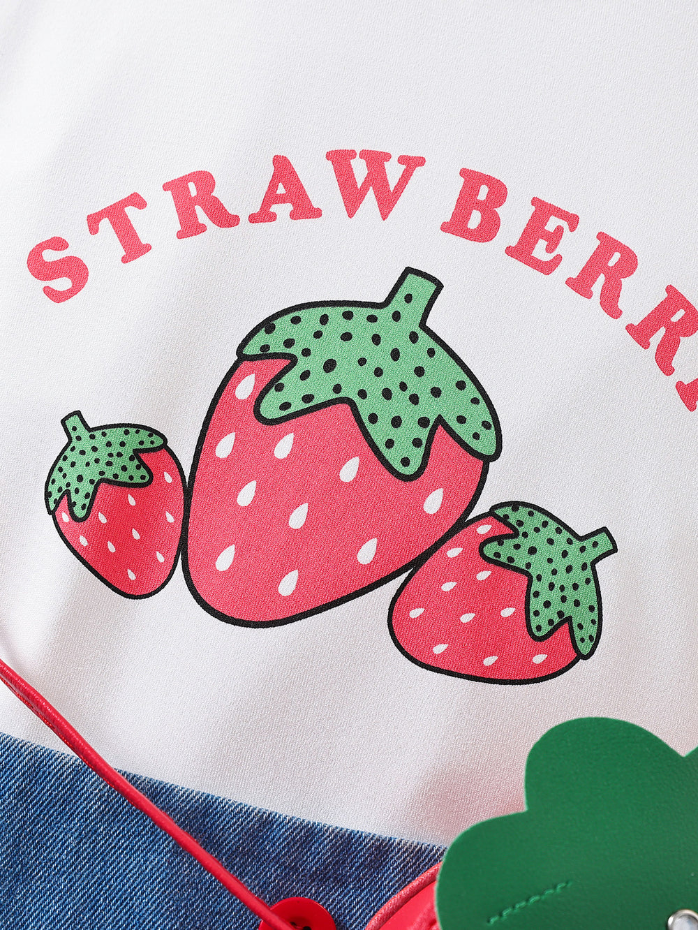 hot selling girls' crew neck printed tee + strawberry print denim shorts + bag set for little girls