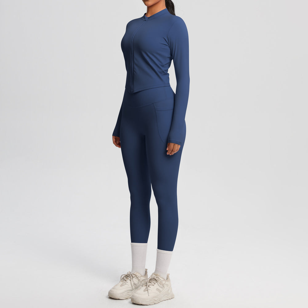 nude double-sided brushed tight long sleeves yoga suit outdoor running slimming look fitness pants sports suit women