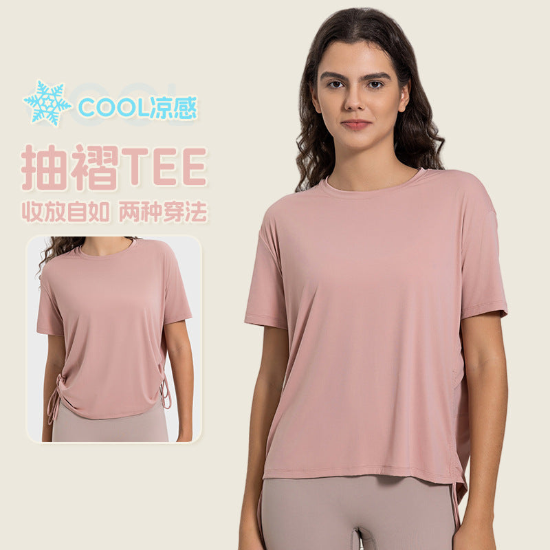 Hf millennium new arrival: cool, breathable, quick-dry drawstring ruched loose fit comfortable crew neck outdoor sports short sleeve t-shirt dss121