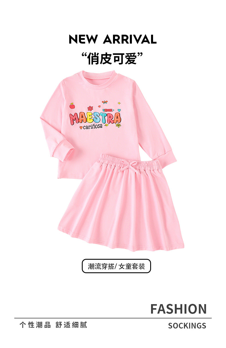 girls' pink long-sleeve sweatshirt and pleated skirt set - autumn casual two-piece outfit with letter appliqué
