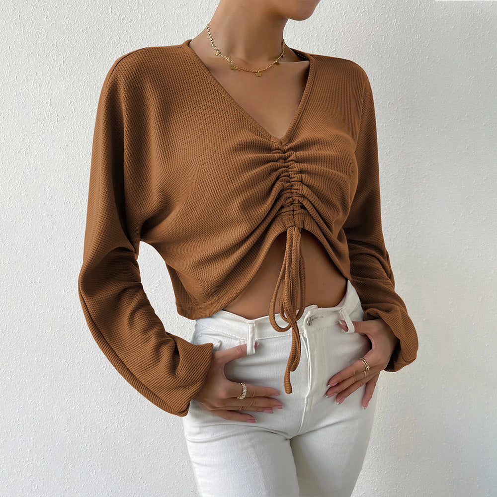 spring/summer new arrivals: european and american style loose fit casual v-neck drawstring waffle knit long sleeve cropped t-shirt - versatile top