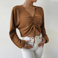 spring/summer new arrivals: european and american style loose fit casual v-neck drawstring waffle knit long sleeve cropped t-shirt - versatile top