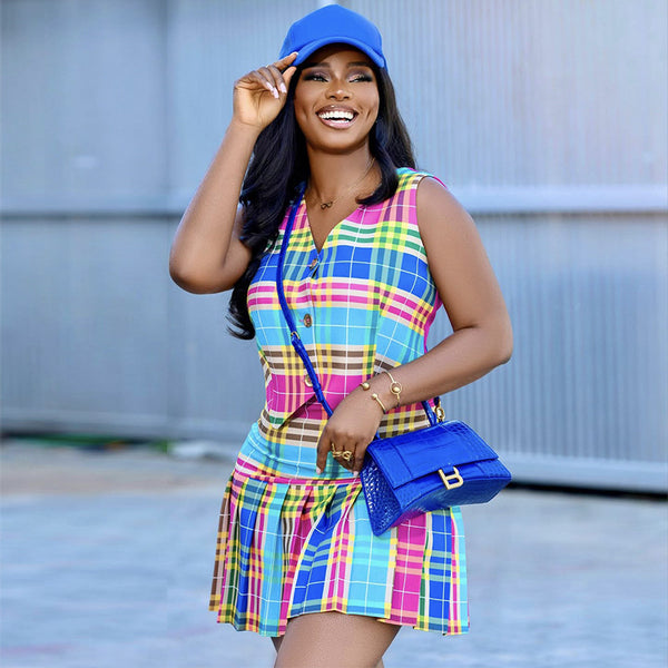 European and American  women's clothing 2025 autumn new fashionable and fresh V-neck vest plaid slim pleated skirt set
