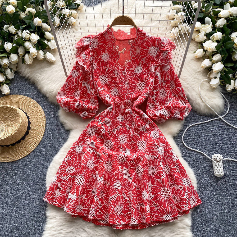 summer new arrival: french-inspired, unique, slimming v-neck lantern sleeve embroidered print cinched waist dress for women