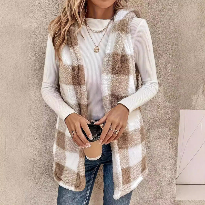 Europe, America,  autumn and winter fashion explosion temperament cardigan two-color plaid hooded women's plush vest jacket women